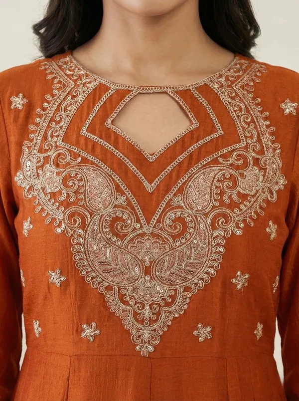 Orange_Cotton_Blend_A-Line_Zari_Embroidered_Kurta_Set_For_Women