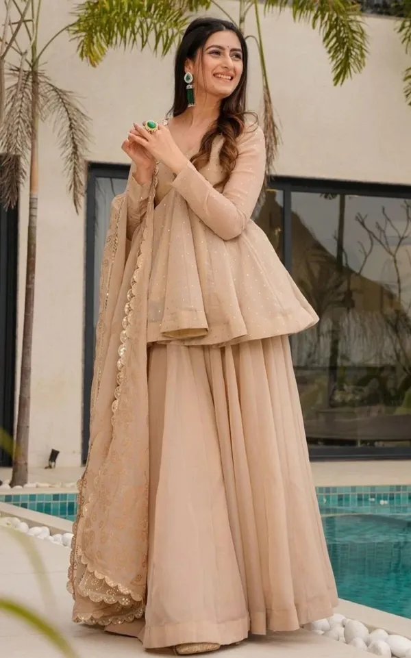 Beige_Georgette_Peplum_Mukaish_Embroidered_Ethnic_Top_Sharara_Set_For_Women