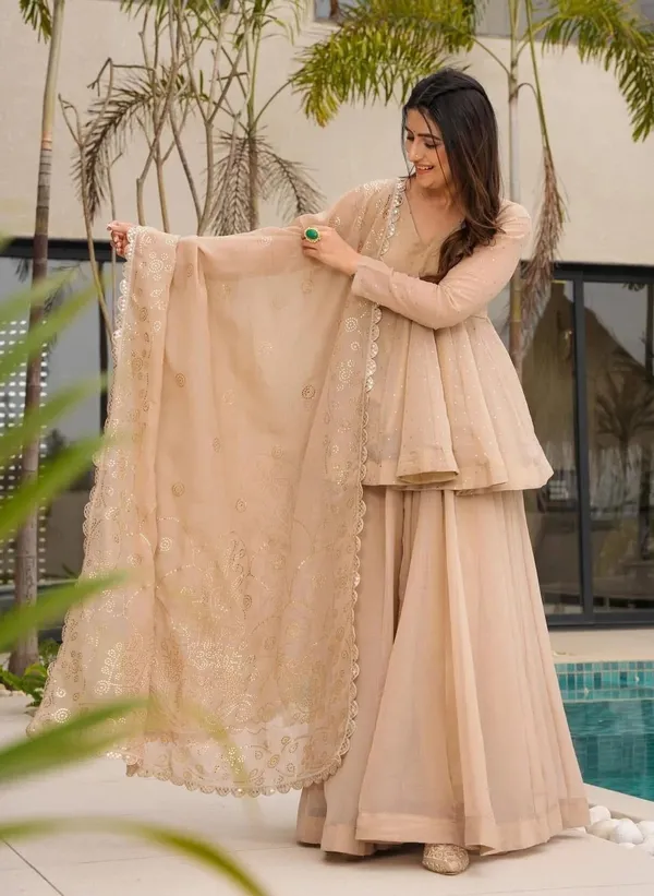 Beige_Georgette_Peplum_Mukaish_Embroidered_Ethnic_Top_Sharara_Set_For_Women