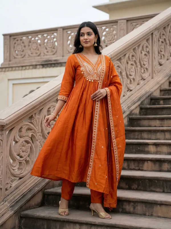 Rust_Silk_Blend_Anarkali_Zari_Embroidered_Kurta_Palazzo_Set_For_Women