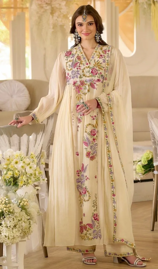 Beige_Georgette_A-Line_Thread_Work_Kurta_Pant_Dupatta_Set_For_Women