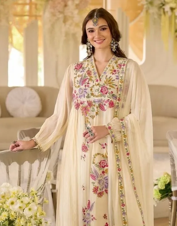 Beige_Georgette_A-Line_Thread_Work_Kurta_Pant_Dupatta_Set_For_Women