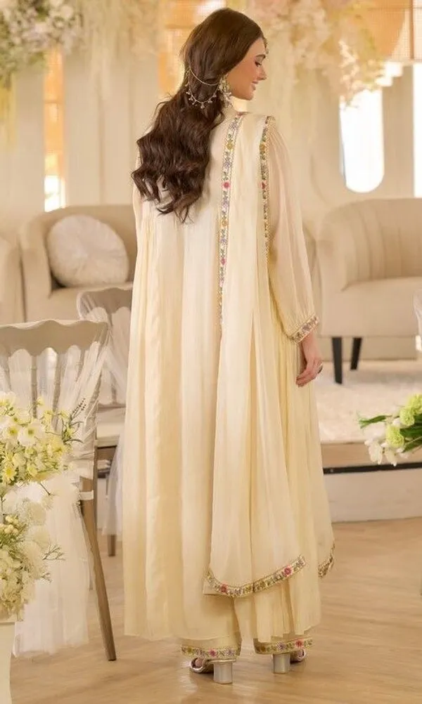 Beige_Georgette_A-Line_Thread_Work_Kurta_Pant_Dupatta_Set_For_Women