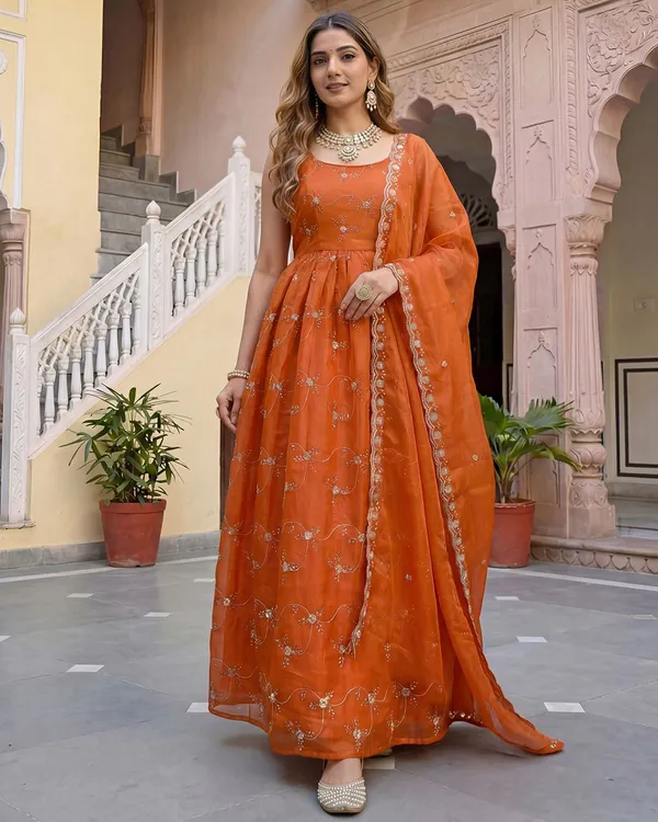 Orange_Organza_Flared_Sequin_Embroidered_Anarkali_Kurta_Set_For_Women