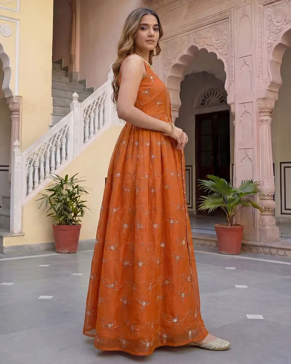 Orange_Organza_Flared_Sequin_Embroidered_Anarkali_Kurta_Set_For_Women