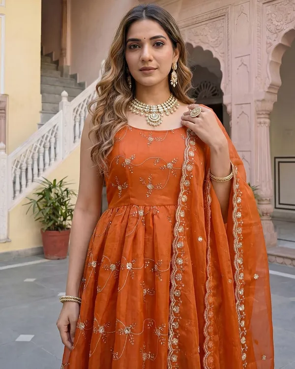 Orange_Organza_Flared_Sequin_Embroidered_Anarkali_Kurta_Set_For_Women