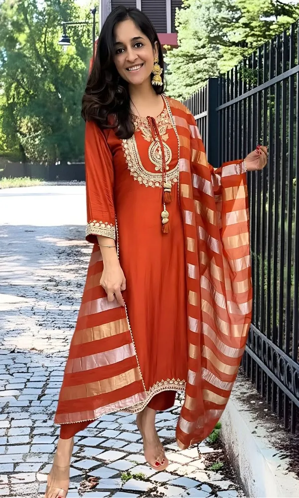 Orange_Chanderi_Anarkali_Zari_Embroidered_Kurta_Set_For_Women