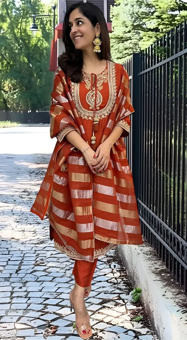 Orange_Chanderi_Anarkali_Zari_Embroidered_Kurta_Set_For_Women