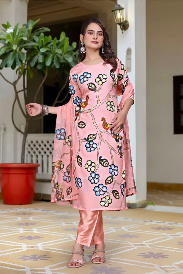 Orange_Crepe_Straight_Fit_Bird_Blossom_Print_Kurta_Set_For_Women