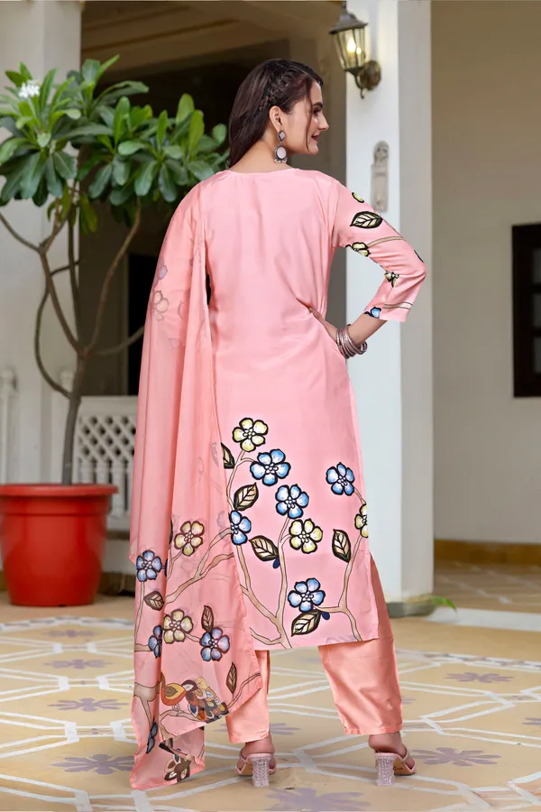Orange_Crepe_Straight_Fit_Bird_Blossom_Print_Kurta_Set_For_Women