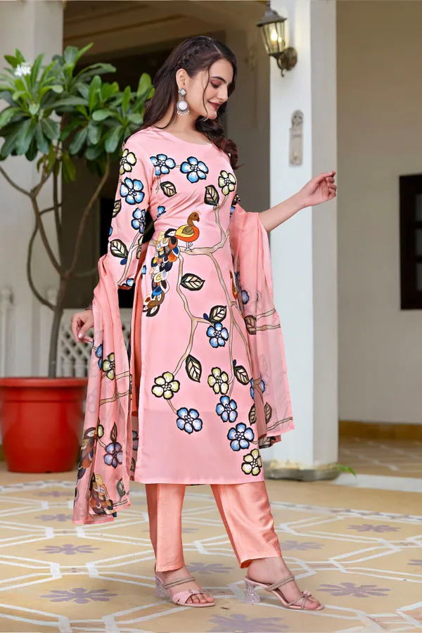 Orange_Crepe_Straight_Fit_Bird_Blossom_Print_Kurta_Set_For_Women
