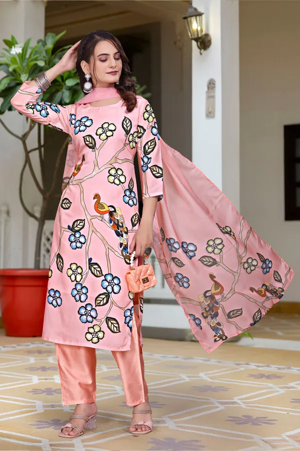 Orange_Crepe_Straight_Fit_Bird_Blossom_Print_Kurta_Set_For_Women