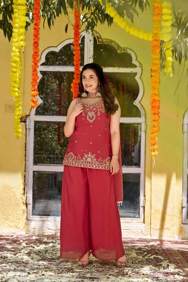 Orange_Satin_Sleeveless_Bead_Sequin_Embroidered_Kurti_Palazzo_Set_For_Women