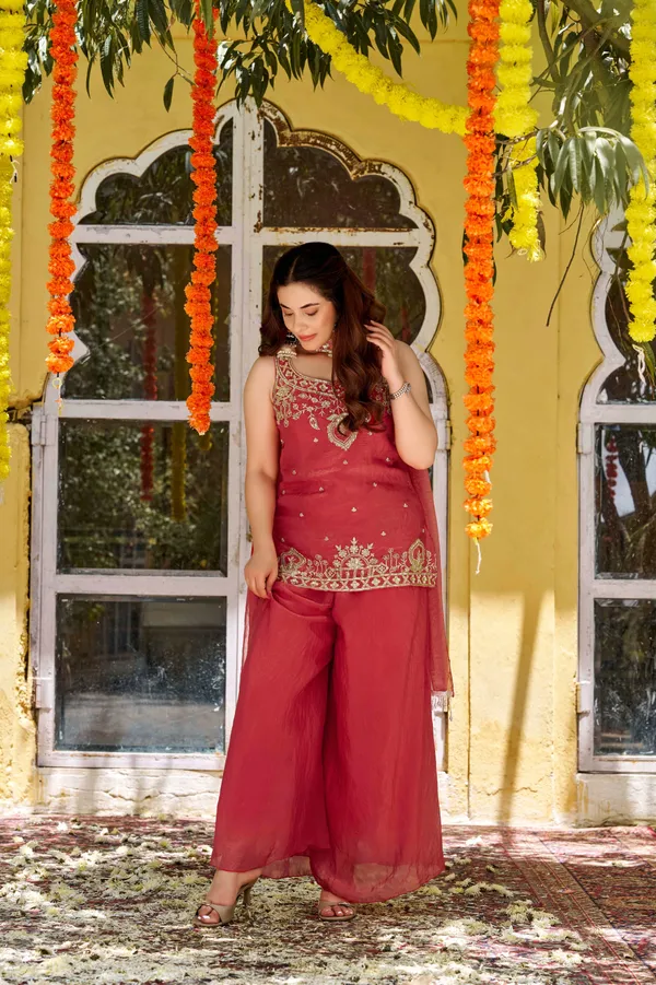 Orange_Satin_Sleeveless_Bead_Sequin_Embroidered_Kurti_Palazzo_Set_For_Women
