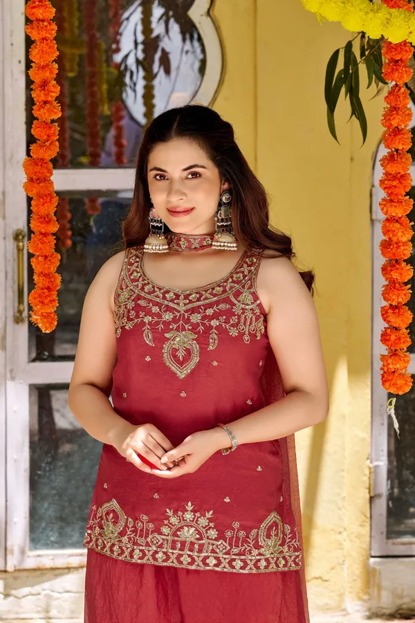 Orange_Satin_Sleeveless_Bead_Sequin_Embroidered_Kurti_Palazzo_Set_For_Women