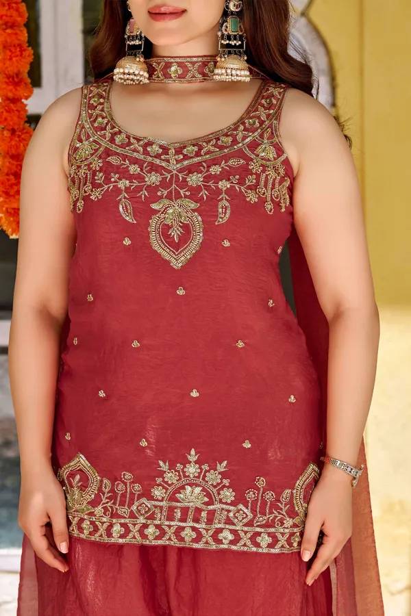 Orange_Satin_Sleeveless_Bead_Sequin_Embroidered_Kurti_Palazzo_Set_For_Women