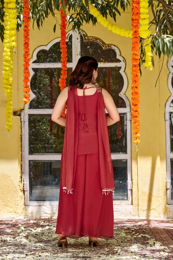Orange_Satin_Sleeveless_Bead_Sequin_Embroidered_Kurti_Palazzo_Set_For_Women