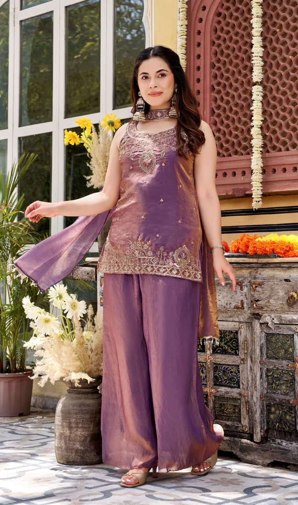 Purple_Satin_Sleeveless_Bead_Embroidered_Kurti_Palazzo_Set_For_Women
