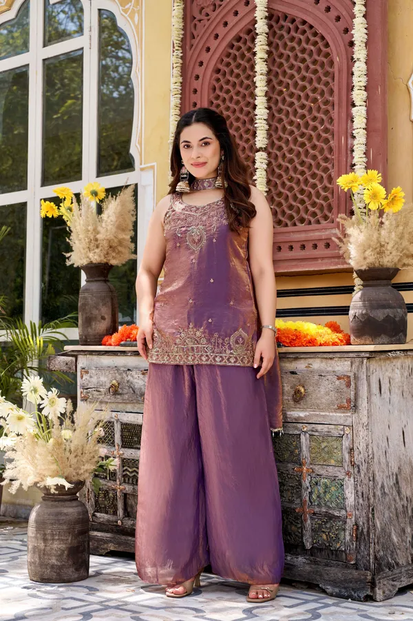 Purple_Satin_Sleeveless_Bead_Embroidered_Kurti_Palazzo_Set_For_Women