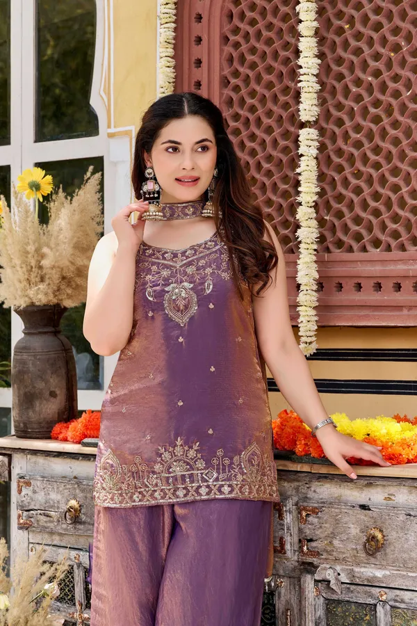 Purple_Satin_Sleeveless_Bead_Embroidered_Kurti_Palazzo_Set_For_Women