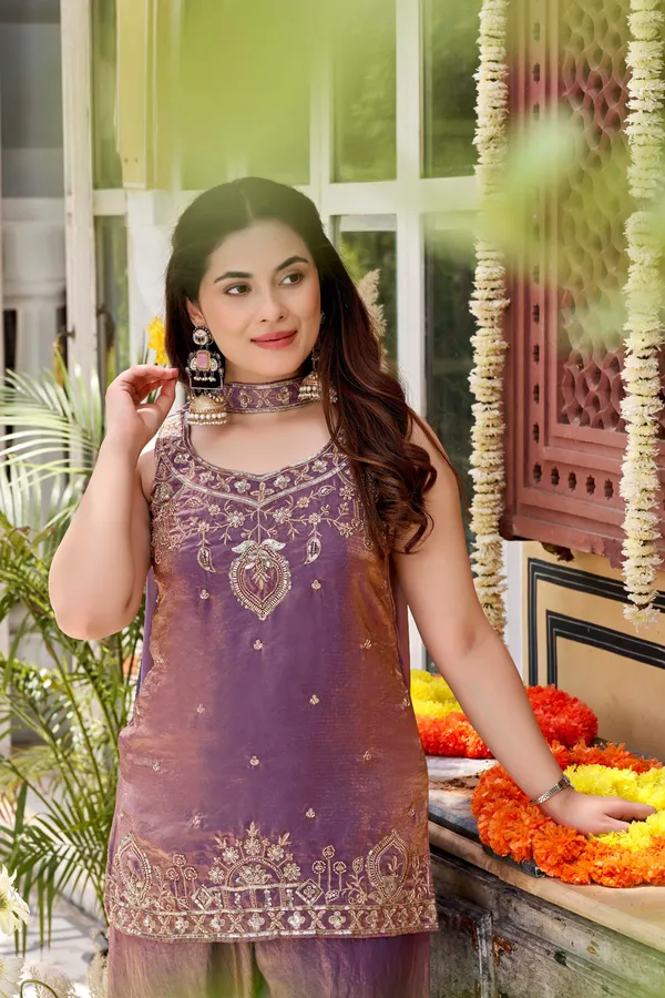 Purple_Satin_Sleeveless_Bead_Embroidered_Kurti_Palazzo_Set_For_Women