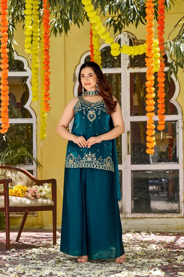 Green_Satin_Sleeveless_Embroidered_Kurta_Palazzo_Set_For_Women