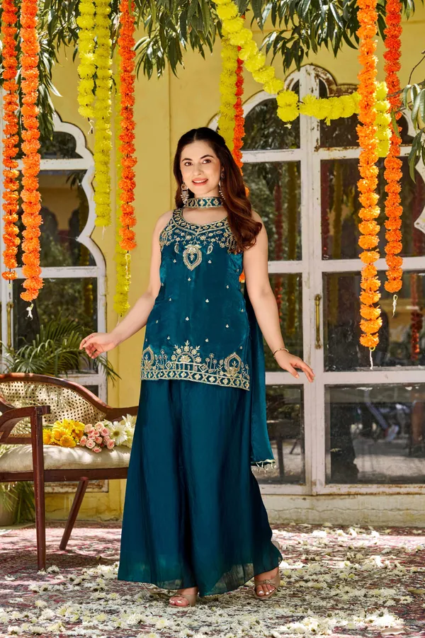 Green_Satin_Sleeveless_Embroidered_Kurta_Palazzo_Set_For_Women