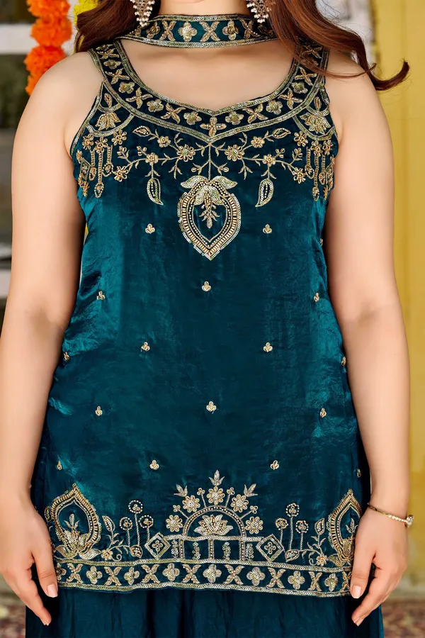 Green_Satin_Sleeveless_Embroidered_Kurta_Palazzo_Set_For_Women