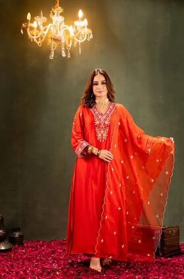 Orange_Chanderi_Anarkali_Zari_Embroidered_Kurta_Churidar_Set_For_Women