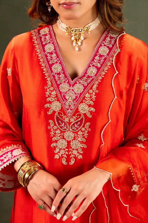 Orange_Chanderi_Anarkali_Zari_Embroidered_Kurta_Churidar_Set_For_Women