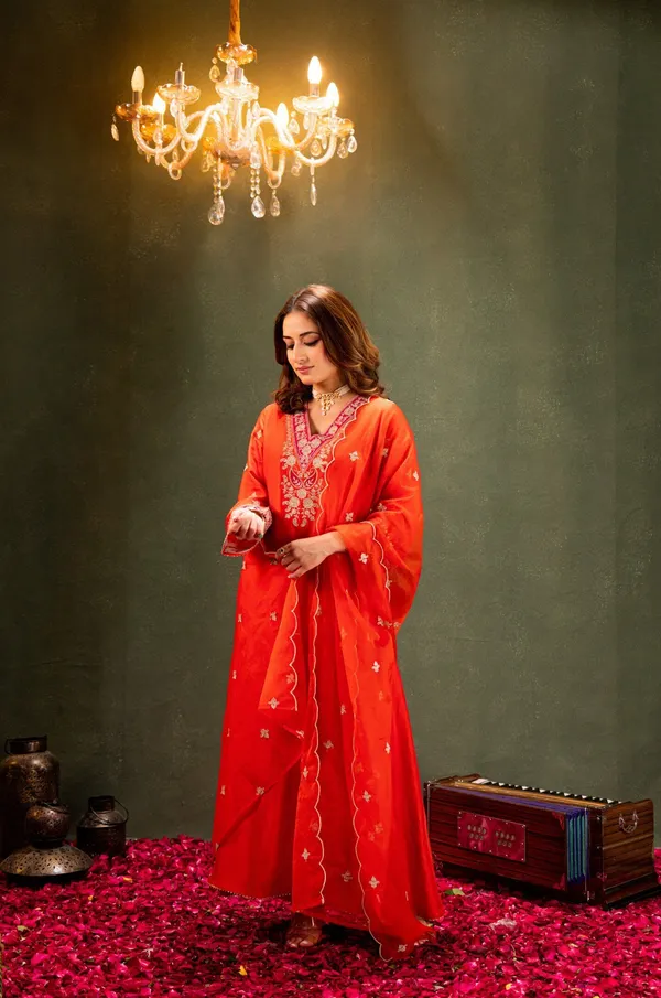 Orange_Chanderi_Anarkali_Zari_Embroidered_Kurta_Churidar_Set_For_Women