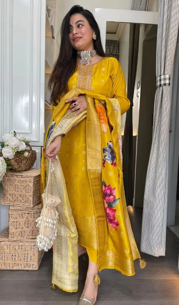 Yellow_Chanderi_Straight_Zari_Work_Kurta_Pant_Set_For_Women