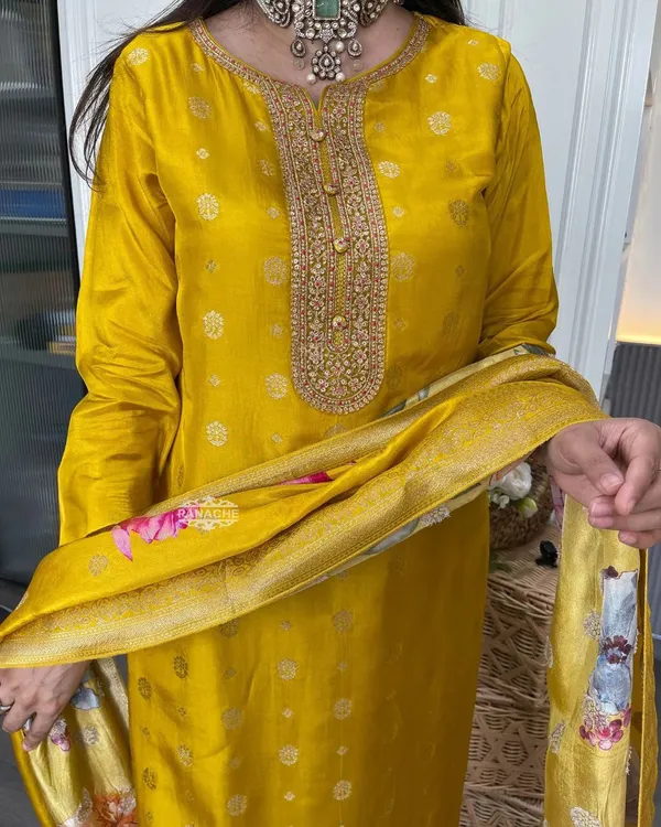 Yellow_Chanderi_Straight_Zari_Work_Kurta_Pant_Set_For_Women