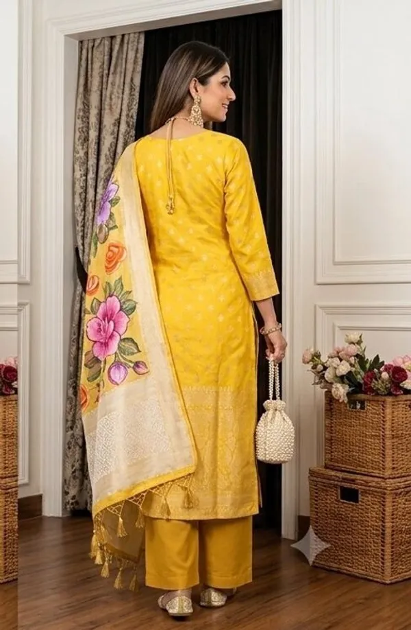 Yellow_Chanderi_Straight_Zari_Work_Kurta_Pant_Set_For_Women