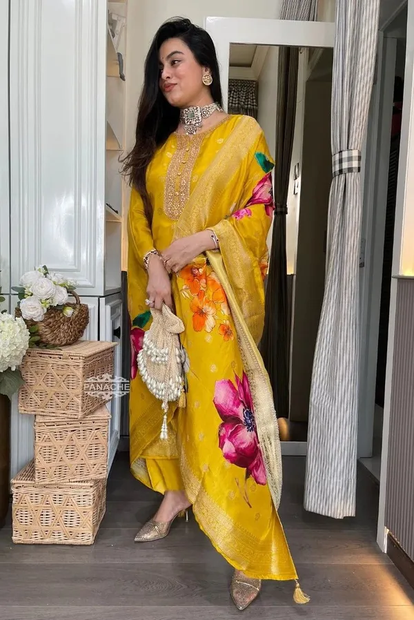 Yellow_Chanderi_Straight_Zari_Work_Kurta_Pant_Set_For_Women