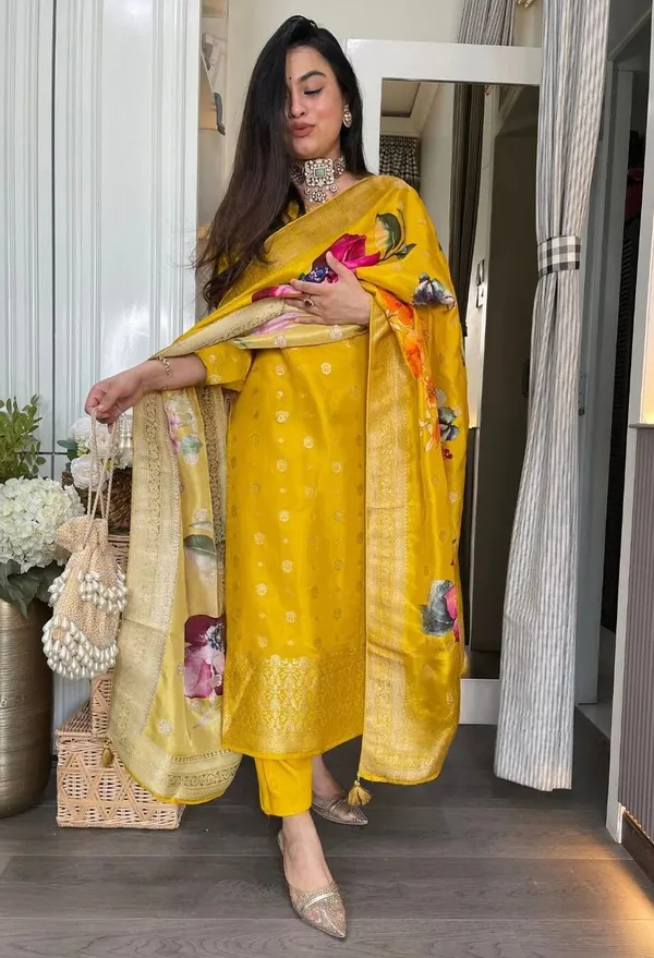 Yellow_Chanderi_Straight_Zari_Work_Kurta_Pant_Set_For_Women