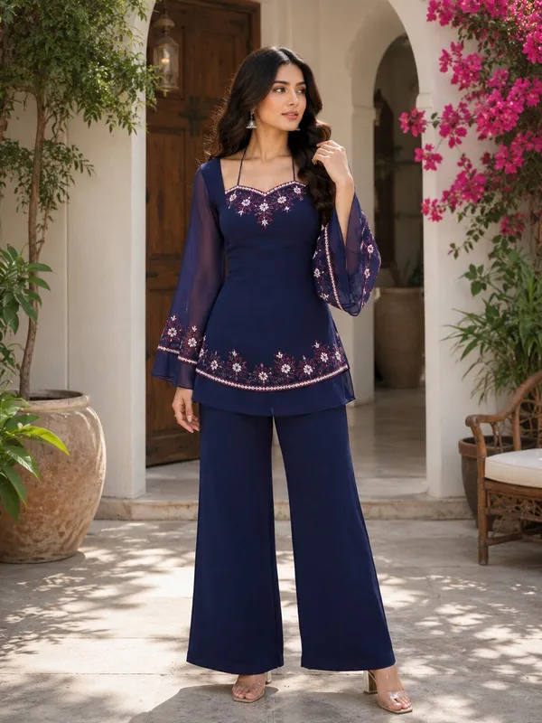 Navy_Blue_Georgette_Bell_Sleeve_Embroidered_Ethnic_Top_Pant_Set_For_Women
