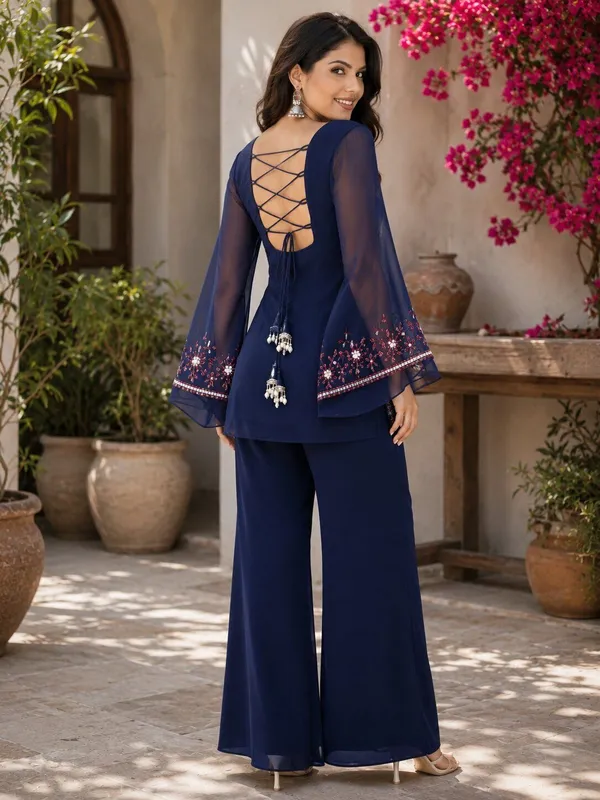 Navy_Blue_Georgette_Bell_Sleeve_Embroidered_Ethnic_Top_Pant_Set_For_Women