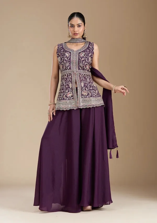 Purple_Georgette_Mirror_Work_Straight_Kurta_Skirt_Dupatta_Set_For_Women