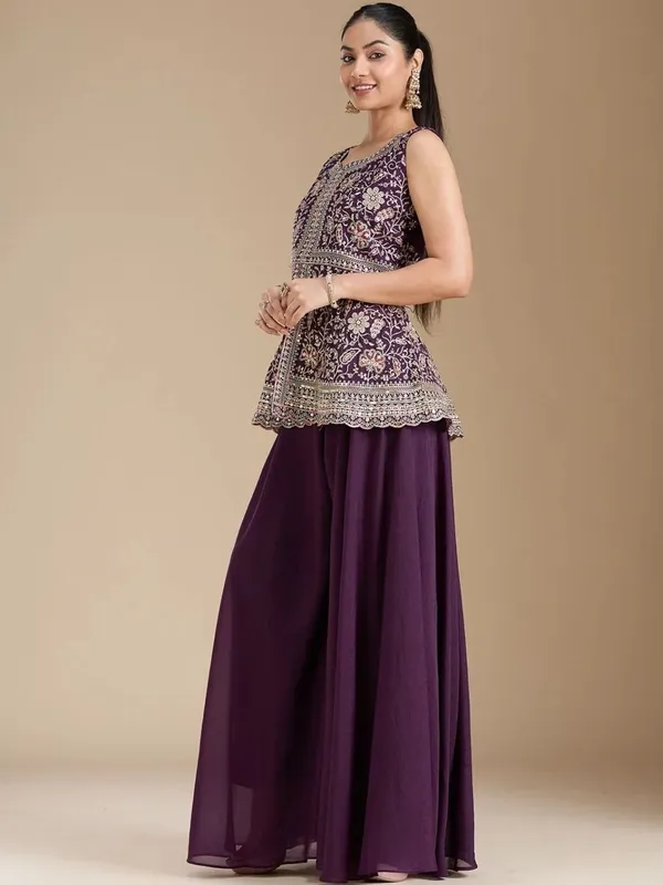 Purple_Georgette_Mirror_Work_Straight_Kurta_Skirt_Dupatta_Set_For_Women