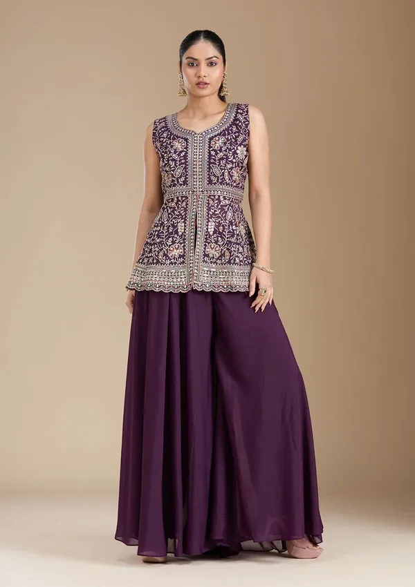 Purple_Georgette_Mirror_Work_Straight_Kurta_Skirt_Dupatta_Set_For_Women