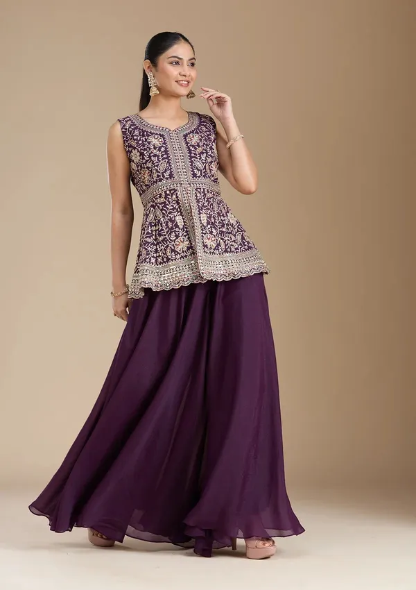 Purple_Georgette_Mirror_Work_Straight_Kurta_Skirt_Dupatta_Set_For_Women