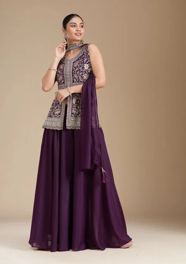 Purple_Georgette_Mirror_Work_Straight_Kurta_Skirt_Dupatta_Set_For_Women