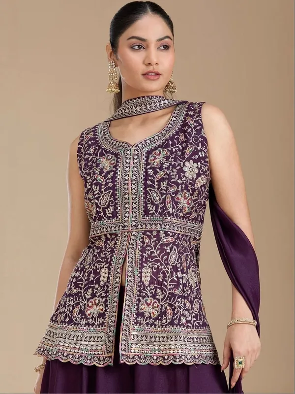 Purple_Georgette_Mirror_Work_Straight_Kurta_Skirt_Dupatta_Set_For_Women