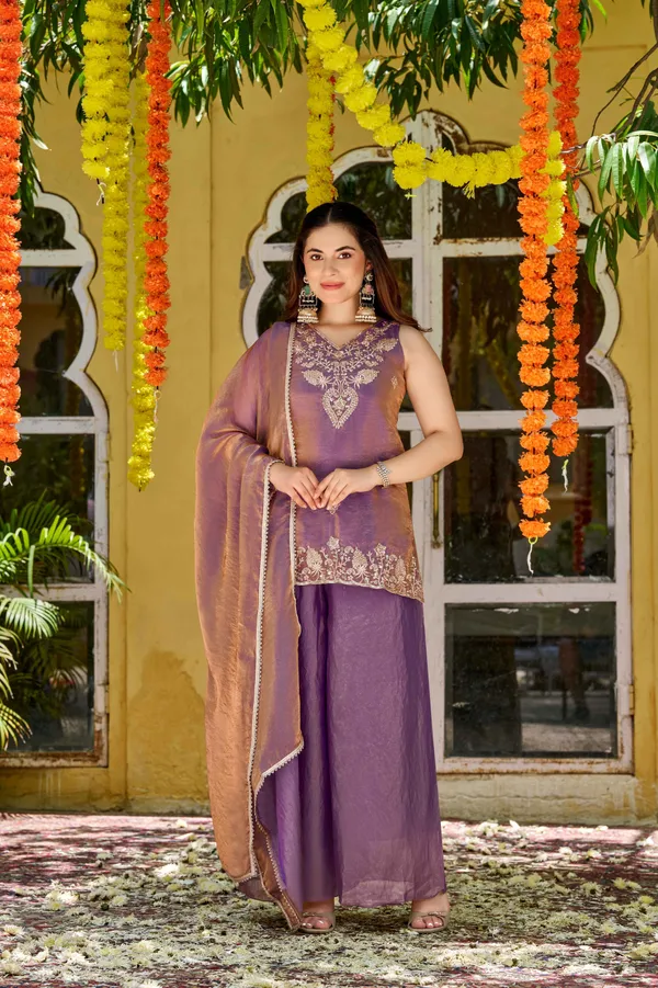 Purple_Satin_Sleeveless_Zari_Bead_Embroidered_Kurti_Palazzo_Set_For_Women