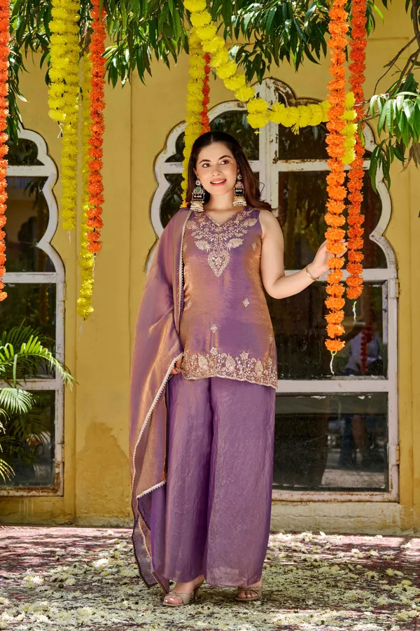 Purple_Satin_Sleeveless_Zari_Bead_Embroidered_Kurti_Palazzo_Set_For_Women