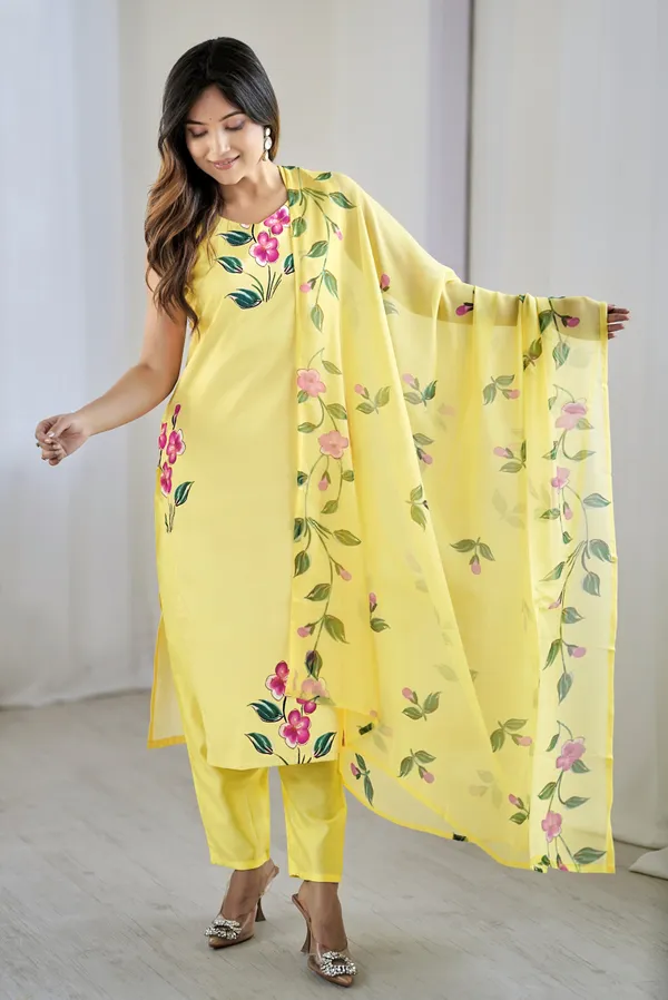 Yellow_Viscose_Rayon_Floral_Printed_Kurta_Pant_Set_For_Women