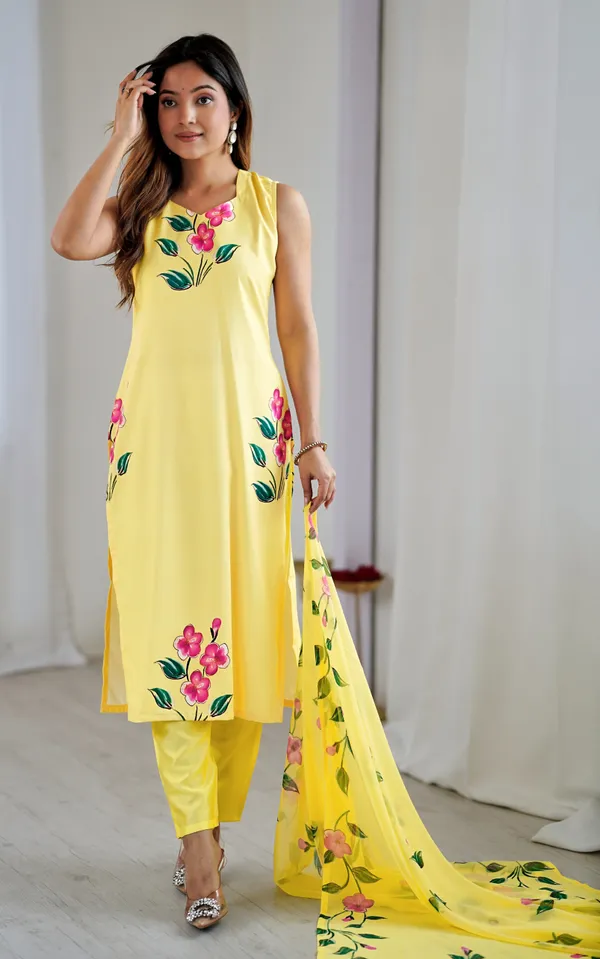 Yellow_Viscose_Rayon_Floral_Printed_Kurta_Pant_Set_For_Women