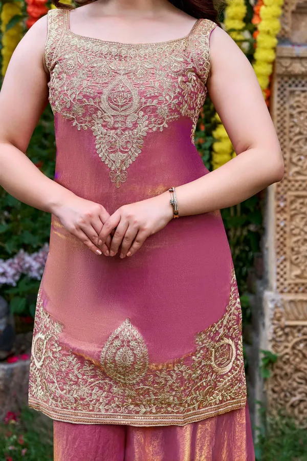 Peach_Satin_Sleeveless_Zari_Embroidered_Kurti_Sharara_Set_For_Women