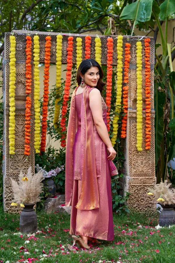 Peach_Satin_Sleeveless_Zari_Embroidered_Kurti_Sharara_Set_For_Women